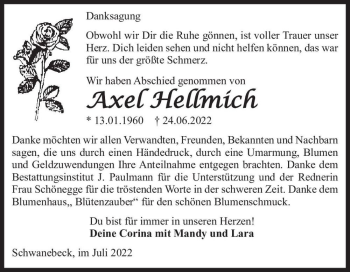 Traueranzeige von Axel Hellmich  von Magdeburger Volksstimme