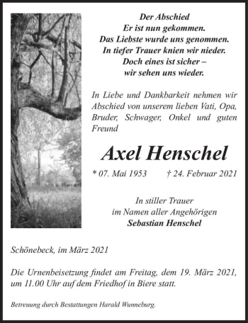 Traueranzeige von Axel Henschel  von Magdeburger Volksstimme