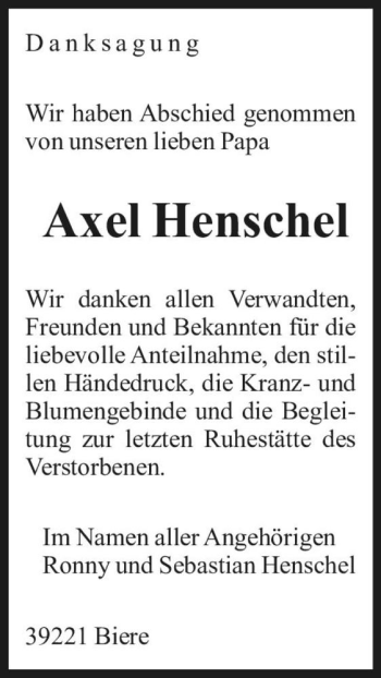 Traueranzeige von Axel Henschel  von Magdeburger Volksstimme