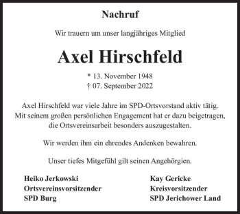 Traueranzeige von Axel Hirschfeld  von Magdeburger Volksstimme