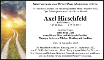 Traueranzeige von Axel Hirschfeld  von Magdeburger Volksstimme