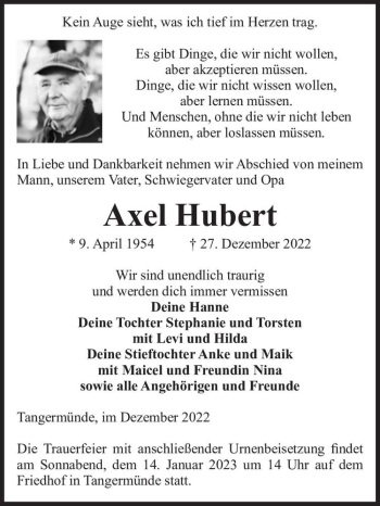 Traueranzeige von Axel Hubert  von Magdeburger Volksstimme