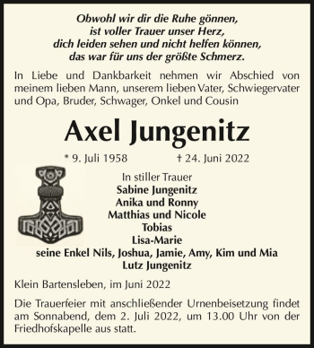 Traueranzeige von Axel Jungenitz  von Magdeburger Volksstimme