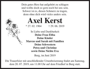 Traueranzeige von Axel Kerst  von Magdeburger Volksstimme