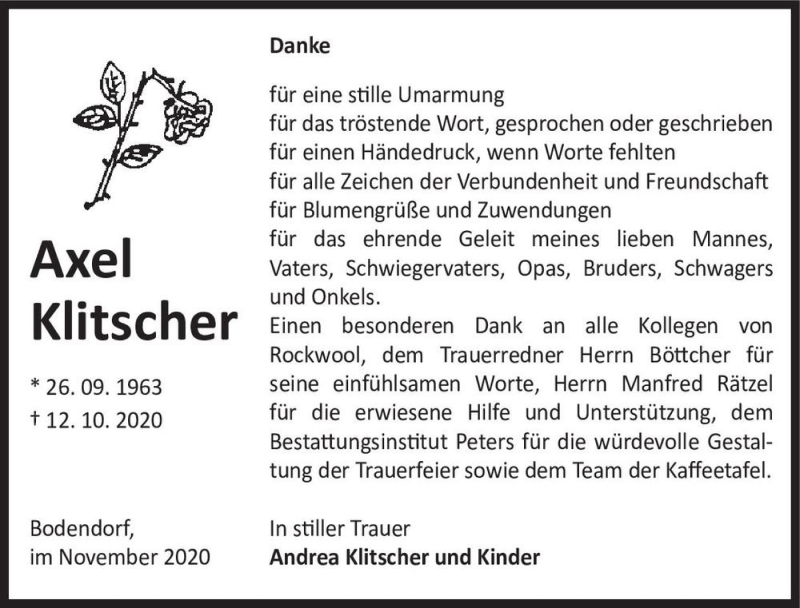 Traueranzeige für Axel Klitscher  vom 14.11.2020 aus Magdeburger Volksstimme