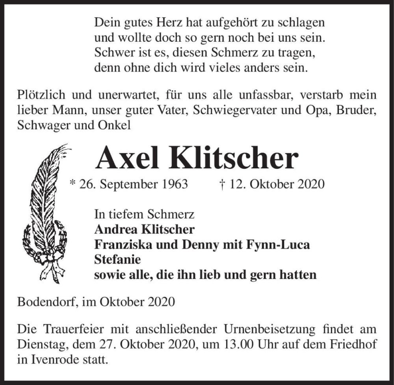  Traueranzeige für Axel Klitscher  vom 15.10.2020 aus Magdeburger Volksstimme
