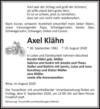 Traueranzeige von Axel Klähn  von Magdeburger Volksstimme