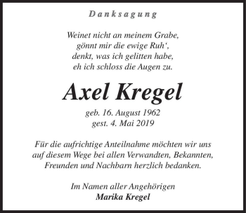 Traueranzeige von Axel Kregel  von Magdeburger Volksstimme