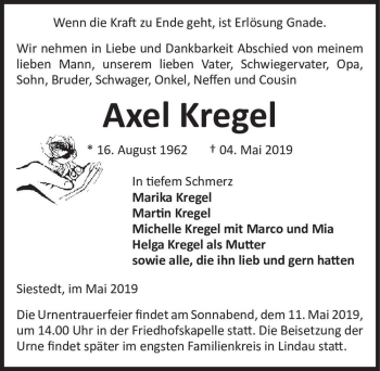 Traueranzeige von Axel Kregel  von Magdeburger Volksstimme