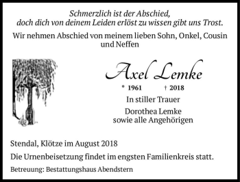 Traueranzeige von Axel Lemke  von Magdeburger Volksstimme