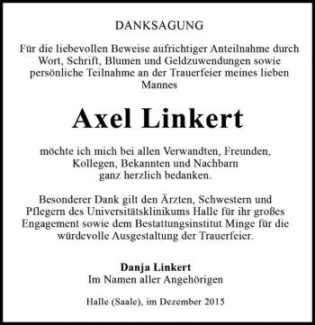 Traueranzeige von Axel Linkert  von Magdeburger Volksstimme
