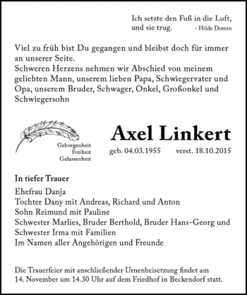 Traueranzeige von Axel Linkert  von Magdeburger Volksstimme