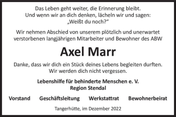 Traueranzeige von Axel Marr  von Magdeburger Volksstimme