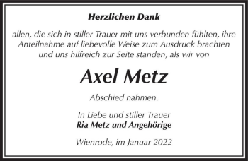 Traueranzeige von Axel Metz  von Magdeburger Volksstimme