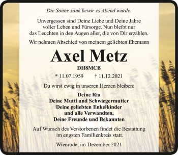 Traueranzeige von Axel Metz  von Magdeburger Volksstimme