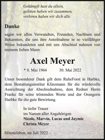 Traueranzeige von Axel Meyer  von Magdeburger Volksstimme