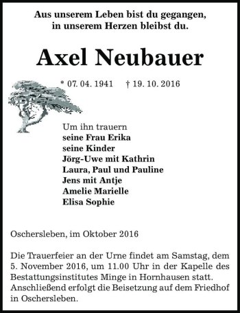 Traueranzeige von Axel Neubauer  von Magdeburger Volksstimme