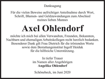 Traueranzeige von Axel Ohlendorf  von Magdeburger Volksstimme