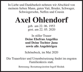 Traueranzeige von Axel Ohlendorf  von Magdeburger Volksstimme