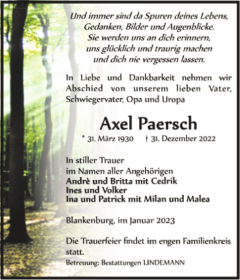 Traueranzeige von Axel Paersch  von Magdeburger Volksstimme