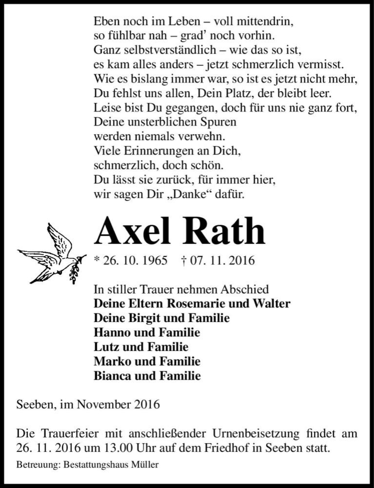  Traueranzeige für Axel Rath  vom 12.11.2016 aus Magdeburger Volksstimme