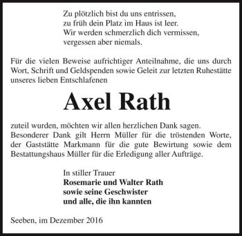 Traueranzeige von Axel Rath  von Magdeburger Volksstimme