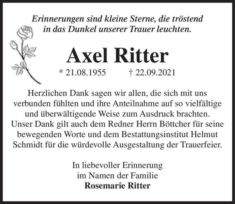  Traueranzeige für Axel Ritter  vom 30.10.2021 aus Magdeburger Volksstimme