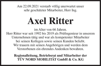 Traueranzeige von Axel Ritter  von Magdeburger Volksstimme