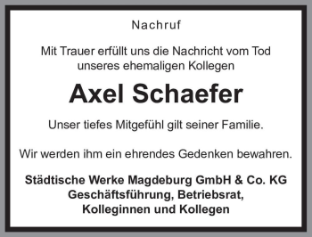 Traueranzeige von Axel Schaefer  von Magdeburger Volksstimme