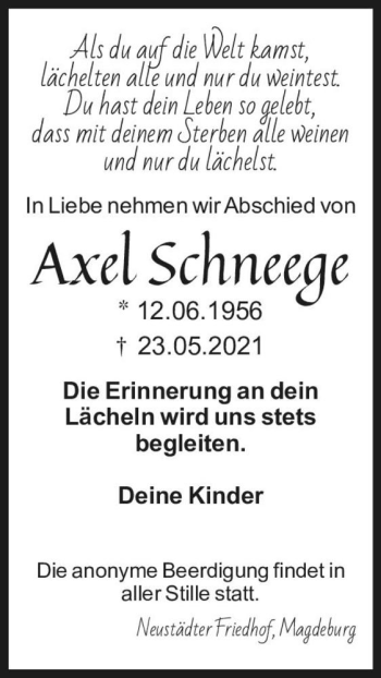 Traueranzeige von Axel Schneege  von Magdeburger Volksstimme