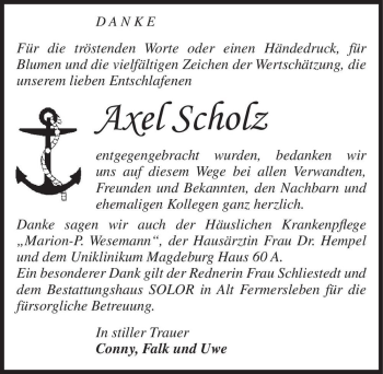 Traueranzeige von Axel Scholz  von Magdeburger Volksstimme