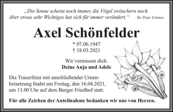 Traueranzeige von Axel Schönfelder  von Magdeburger Volksstimme