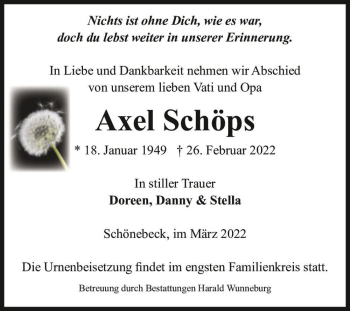 Traueranzeige von Axel Schöps  von Magdeburger Volksstimme