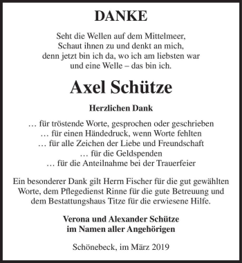 Traueranzeige von Axel Schütze  von Magdeburger Volksstimme