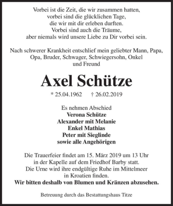 Traueranzeige von Axel Schütze  von Magdeburger Volksstimme