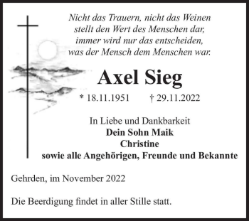 Traueranzeige von Axel Sieg  von Magdeburger Volksstimme