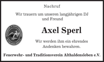 Traueranzeige von Axel Sperl  von Magdeburger Volksstimme