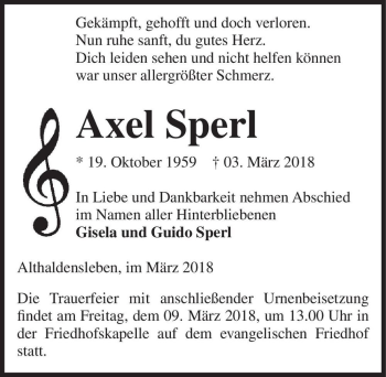 Traueranzeige von Axel Sperl  von Magdeburger Volksstimme