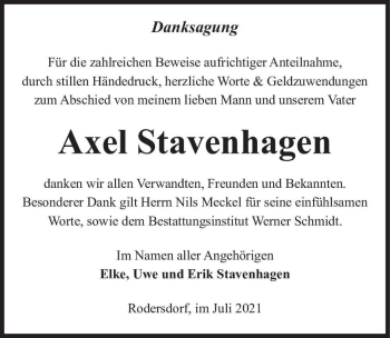 Traueranzeige von Axel Stavenhagen  von Magdeburger Volksstimme