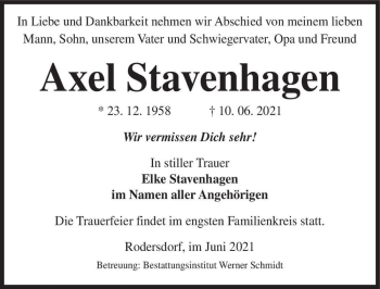 Traueranzeige von Axel Stavenhagen  von Magdeburger Volksstimme