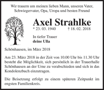 Traueranzeige von Axel Strahlke  von Magdeburger Volksstimme