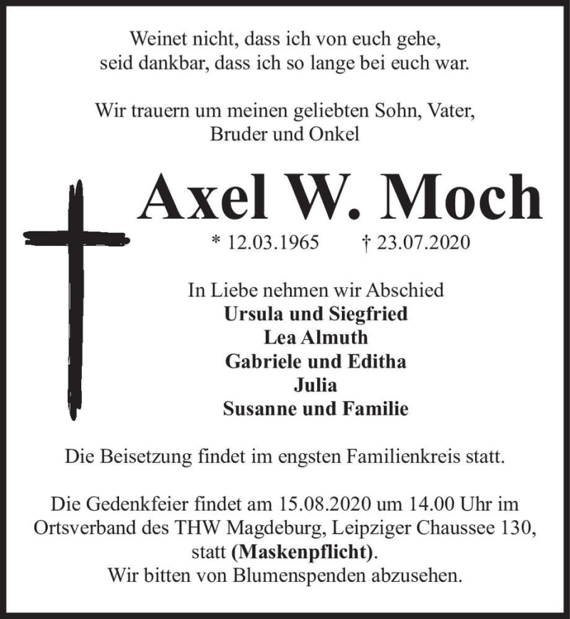  Traueranzeige für Axel W. Moch  vom 08.08.2020 aus Magdeburger Volksstimme