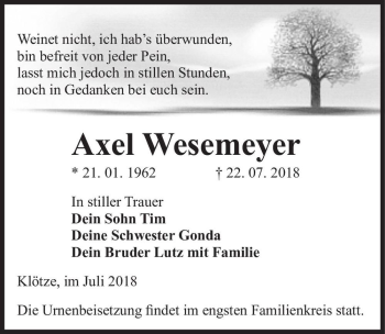 Traueranzeige von Axel Wesemeyer  von Magdeburger Volksstimme