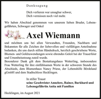 Traueranzeige von Axel Wiemann  von Magdeburger Volksstimme