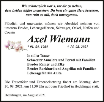Traueranzeige von Axel Wiemann  von Magdeburger Volksstimme