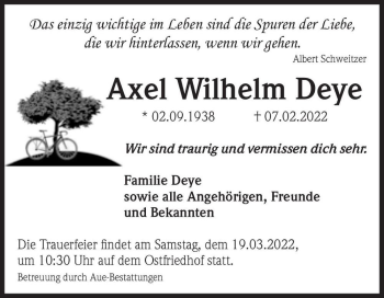 Traueranzeige von Axel Wilhelm Deye  von Magdeburger Volksstimme