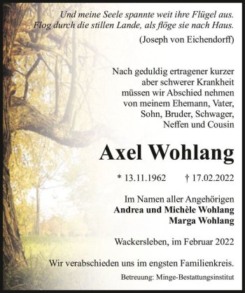 Traueranzeige von Axel Wohlang  von Magdeburger Volksstimme