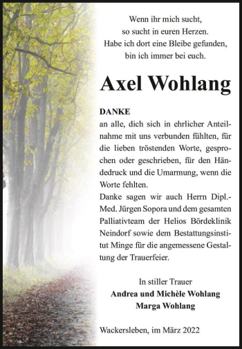 Traueranzeige von Axel Wohlang  von Magdeburger Volksstimme