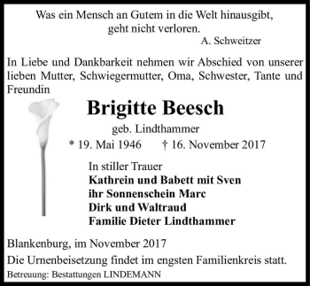 Traueranzeige von BBrigitte Beesch (geb. Lindthammer)  von Magdeburger Volksstimme