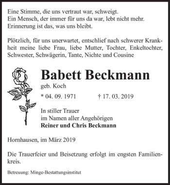 Traueranzeige von Babett Beckmann (geb. Koch)  von Magdeburger Volksstimme